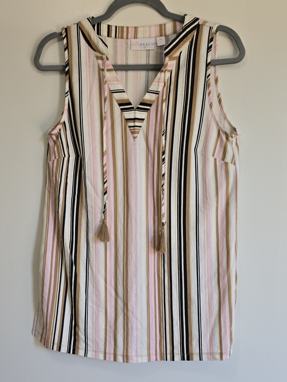 Belle Beach by Kim Gravel Striped V-Neck Tank Top Pink, White, Black, Tan Sz XS